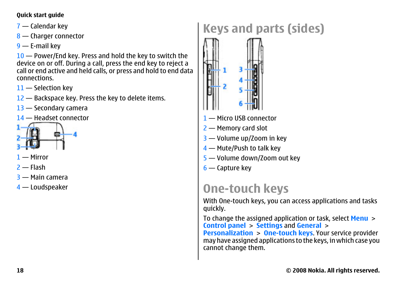 Keys and parts (sides), One-touch keys | Nokia E75 User Manual | Page 18 / 397