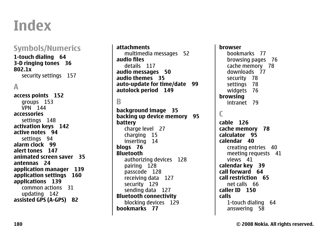 Index, Symbols/numerics | Nokia E75 User Manual | Page 180 / 397