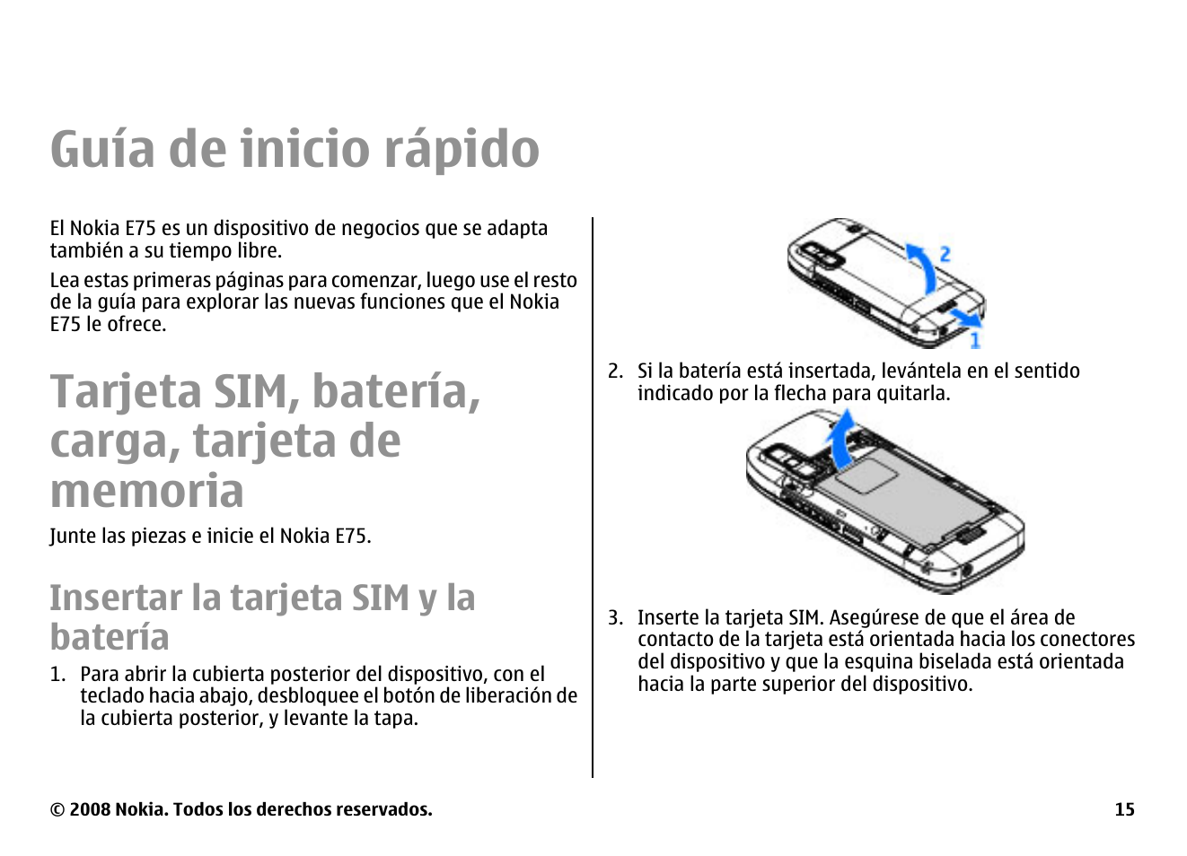 Guía de inicio rápido, Tarjeta sim, batería, carga, tarjeta de memoria, Insertar la tarjeta sim y la batería | Nokia E75 User Manual | Page 203 / 397