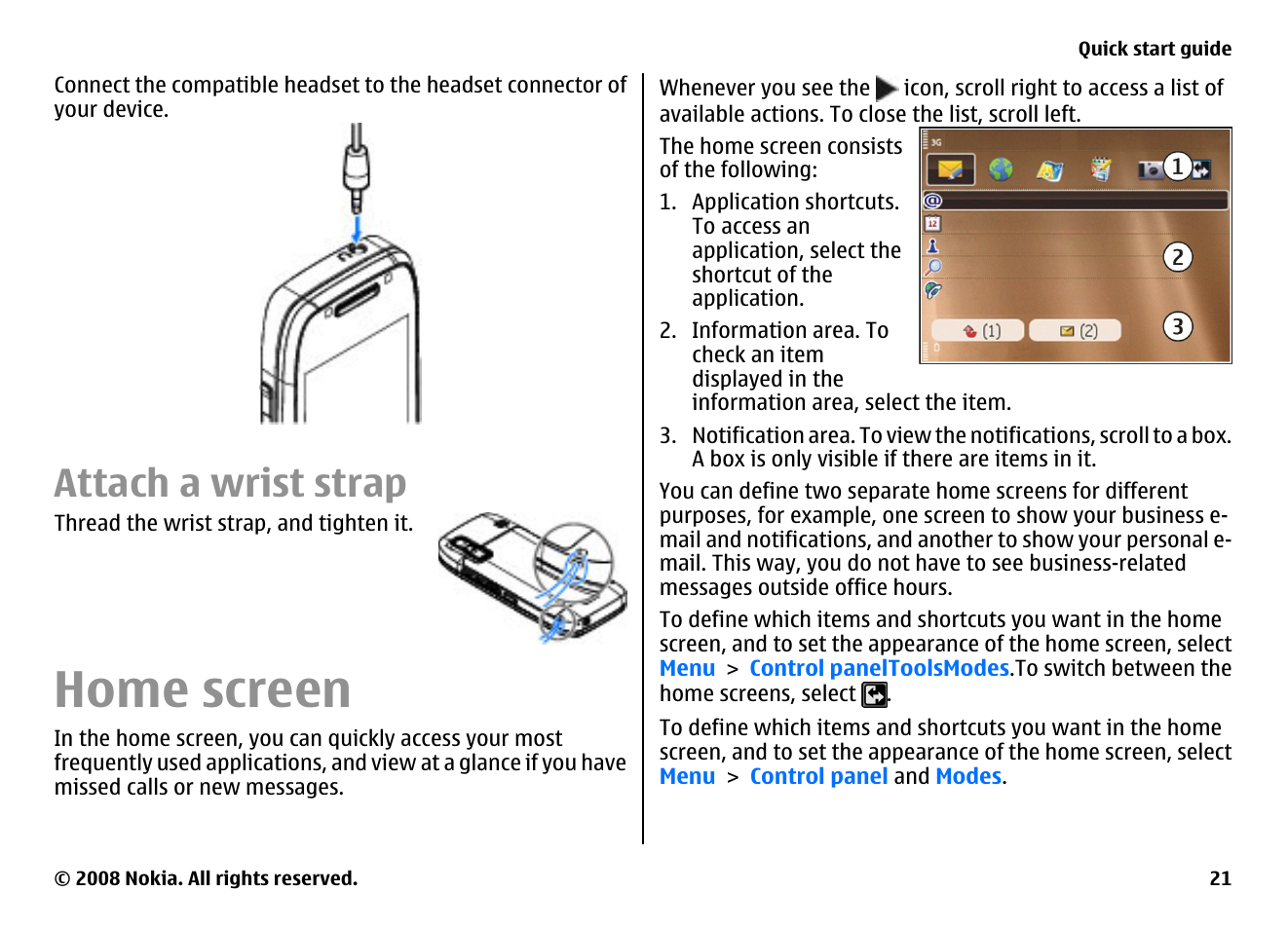 Attach a wrist strap, Home screen | Nokia E75 User Manual | Page 21 / 397