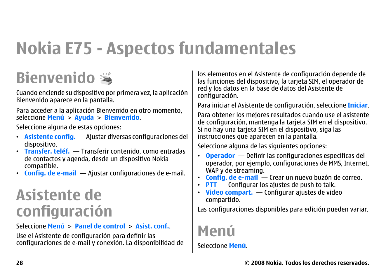 Nokia e75 - aspectos fundamentales, Bienvenido, Asistente de configuración | Menú | Nokia E75 User Manual | Page 216 / 397