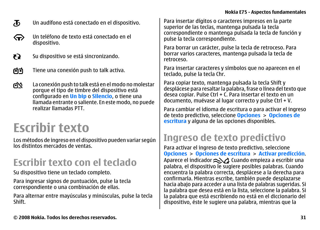 Escribir texto, Escribir texto con el teclado, Ingreso de texto predictivo | Nokia E75 User Manual | Page 219 / 397
