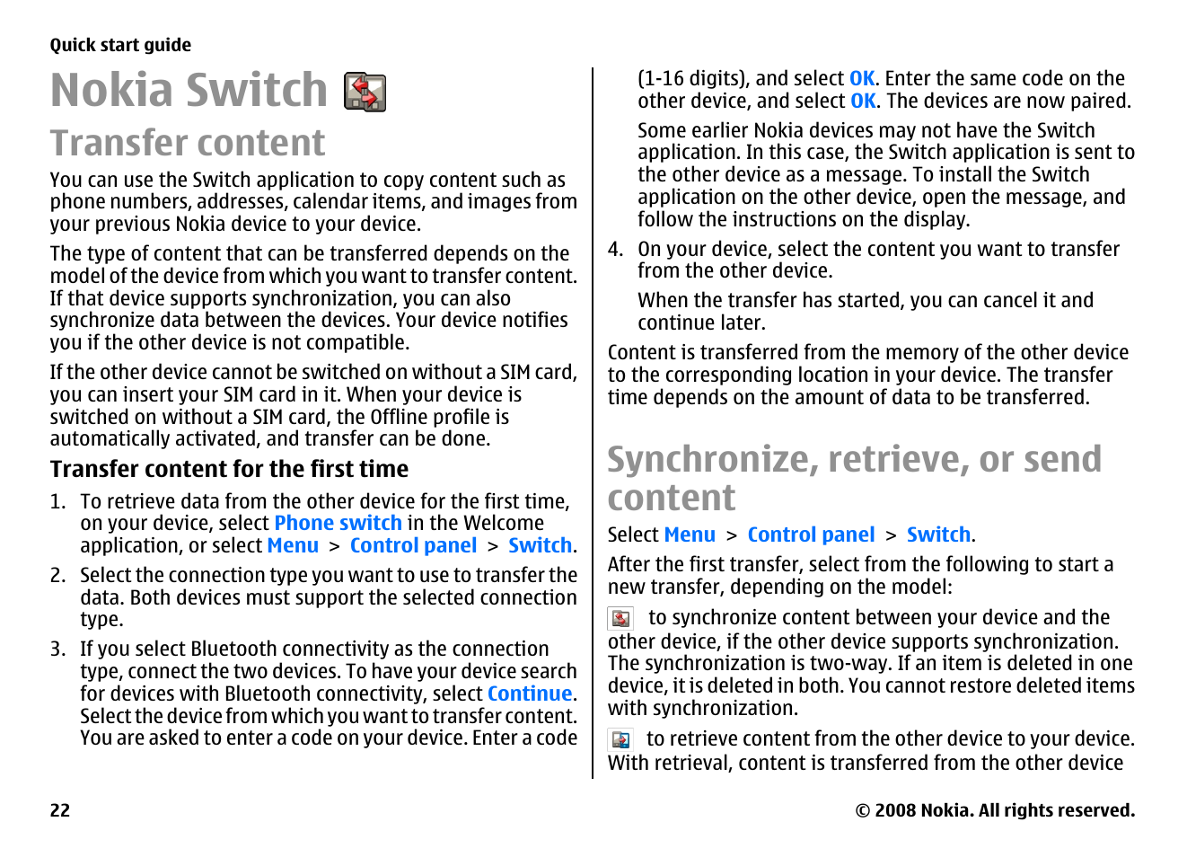 Nokia switch, Transfer content, Synchronize, retrieve, or send content | Nokia E75 User Manual | Page 22 / 397