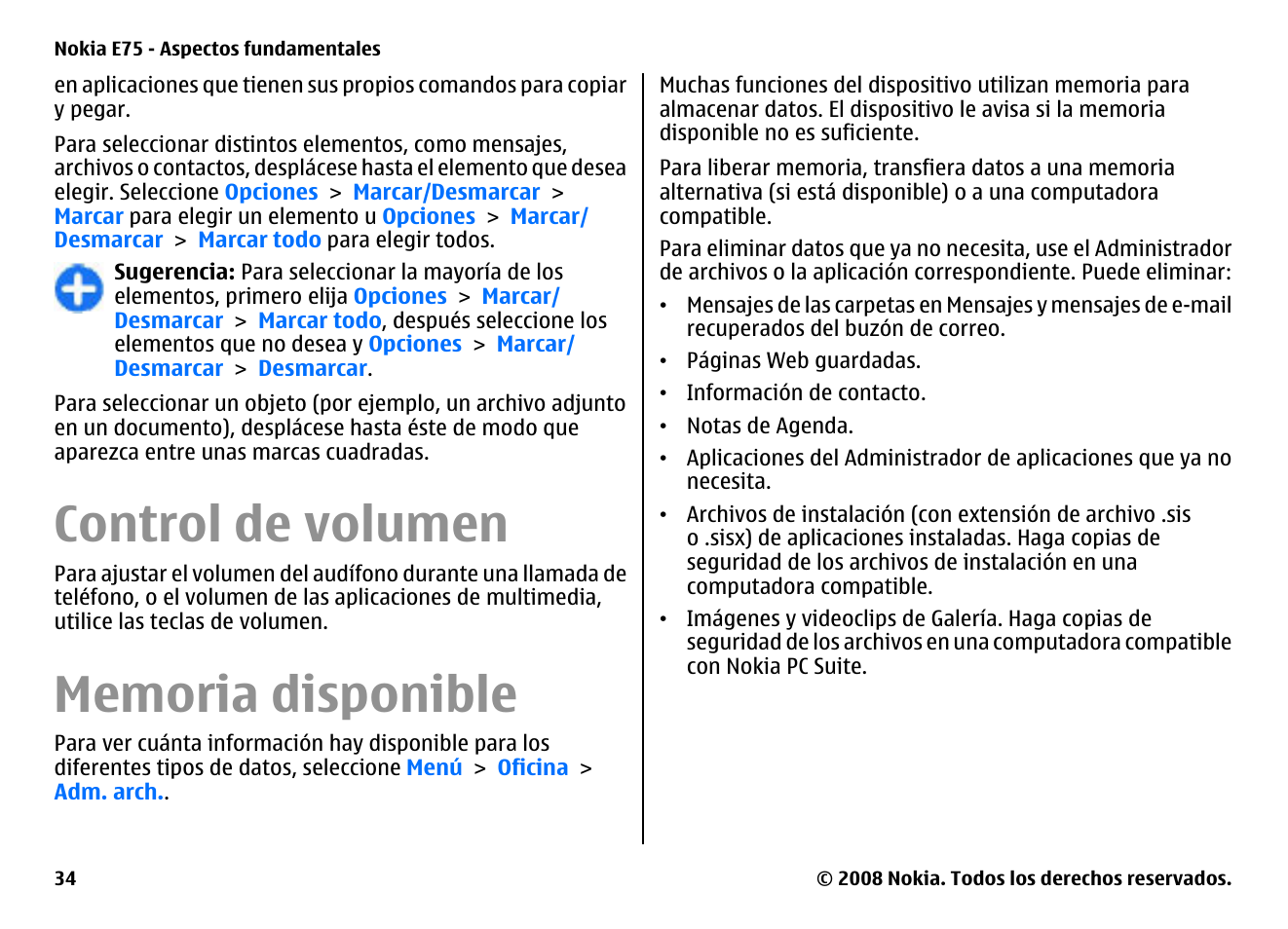 Control de volumen, Memoria disponible | Nokia E75 User Manual | Page 222 / 397