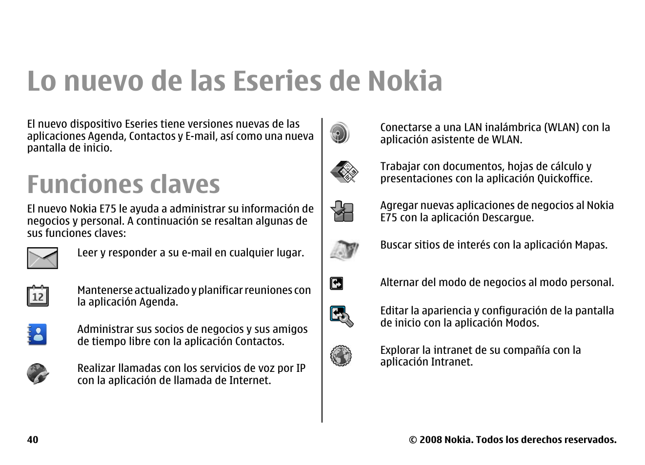 Lo nuevo de las eseries de nokia, Funciones claves | Nokia E75 User Manual | Page 228 / 397