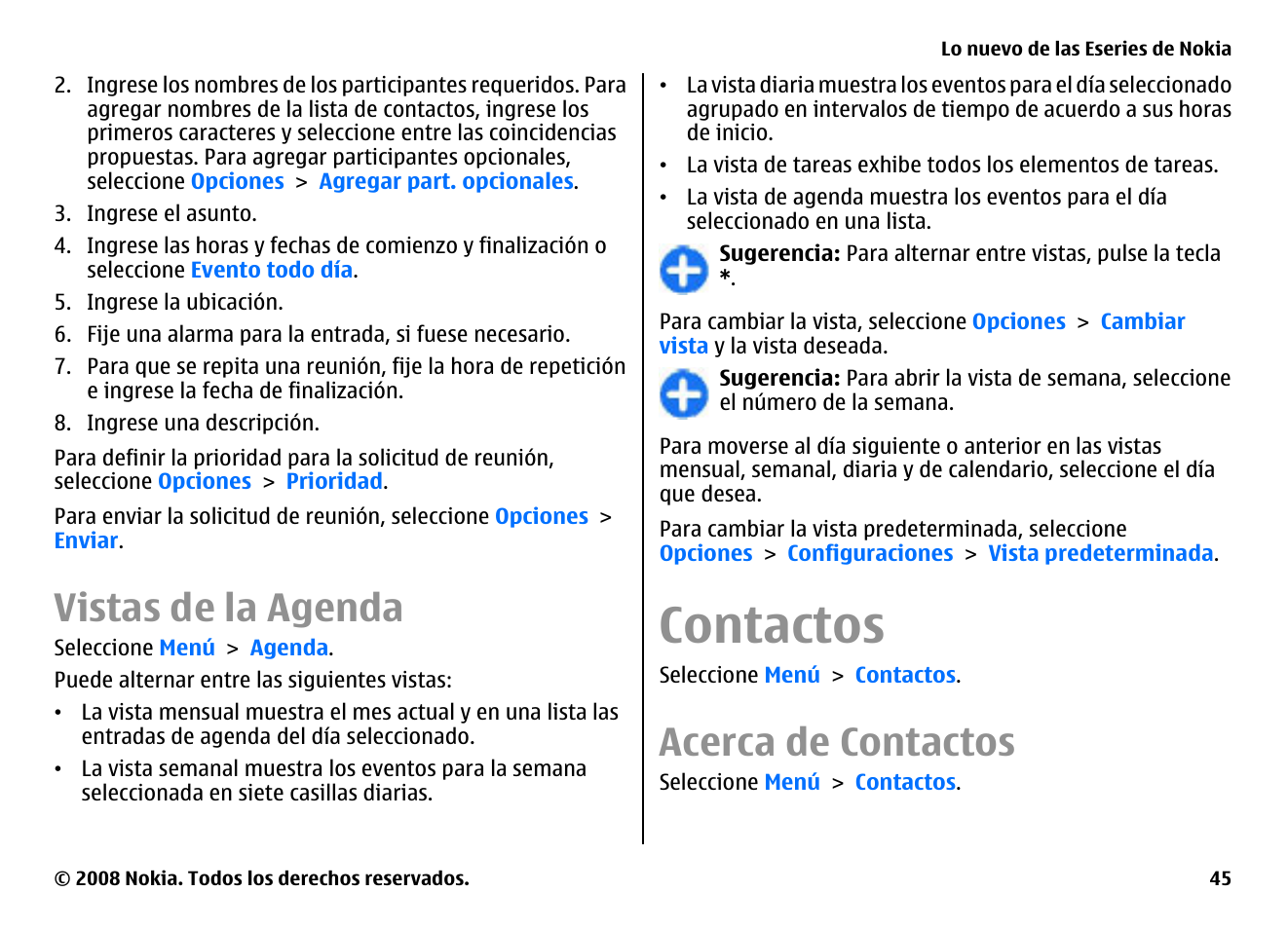 Vistas de la agenda, Contactos, Acerca de contactos | Nokia E75 User Manual | Page 233 / 397