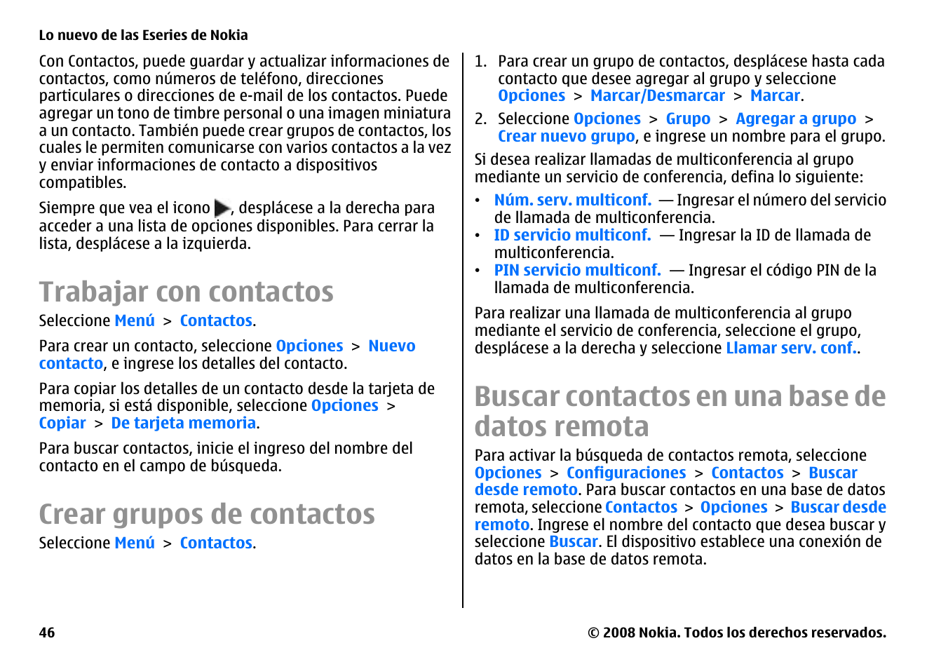 Trabajar con contactos, Crear grupos de contactos, Buscar contactos en una base de datos remota | Nokia E75 User Manual | Page 234 / 397