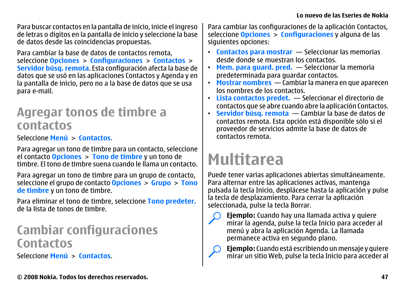 Agregar tonos de timbre a contactos, Cambiar configuraciones contactos, Multitarea | Nokia E75 User Manual | Page 235 / 397