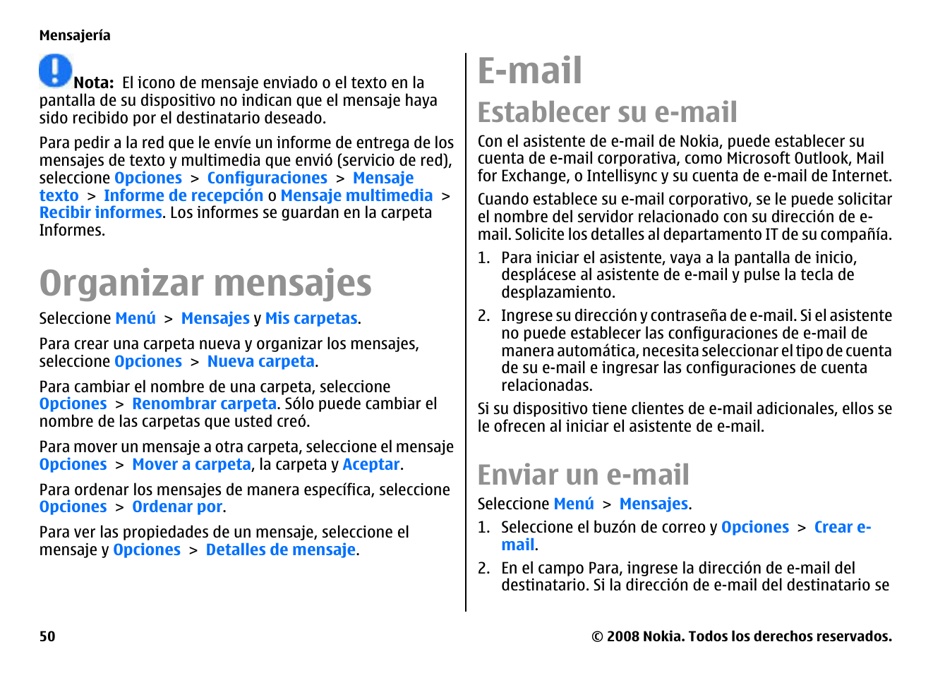 Organizar mensajes, E-mail, Establecer su e-mail | Enviar un e-mail | Nokia E75 User Manual | Page 238 / 397