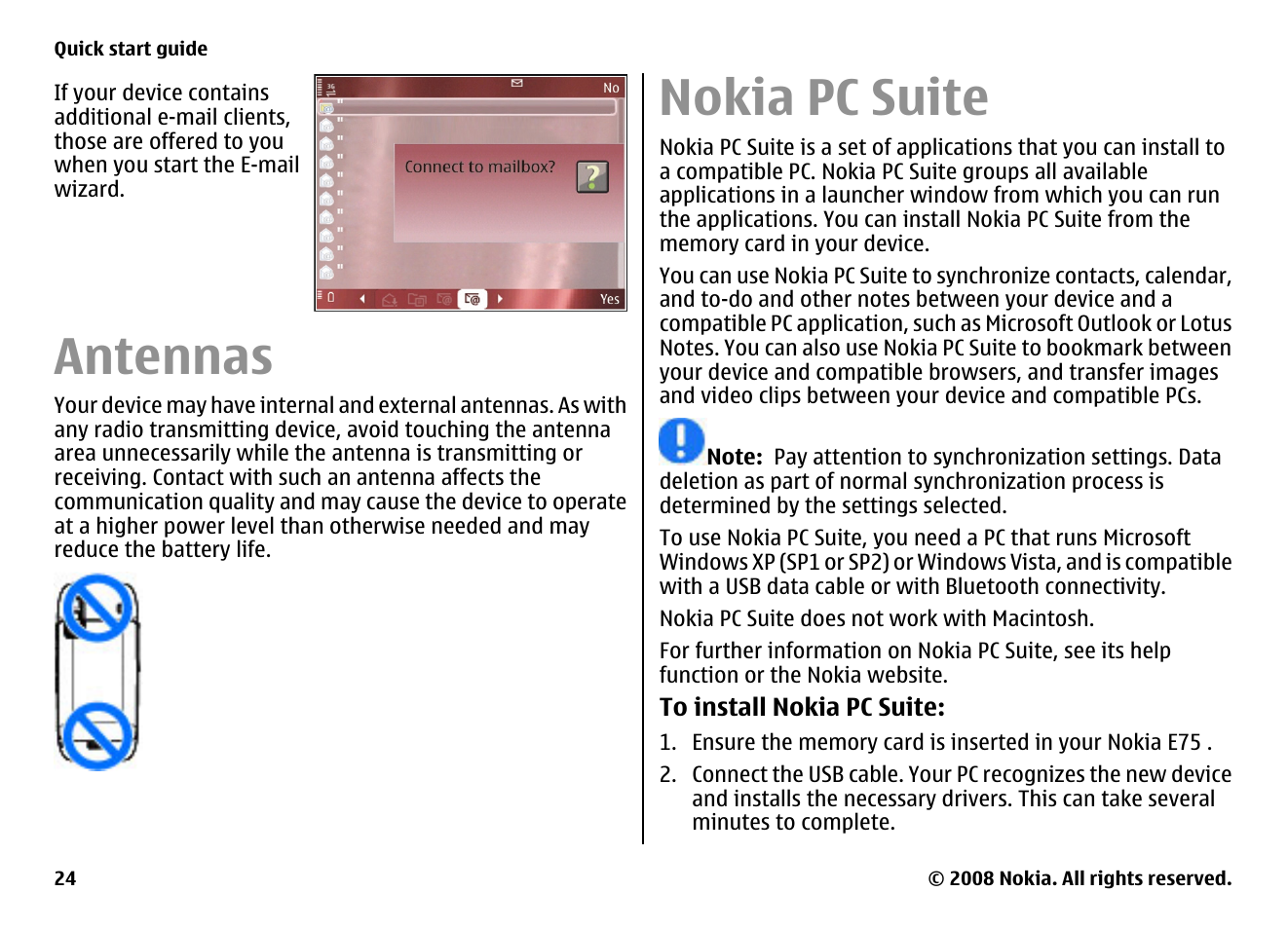 Antennas, Nokia pc suite | Nokia E75 User Manual | Page 24 / 397