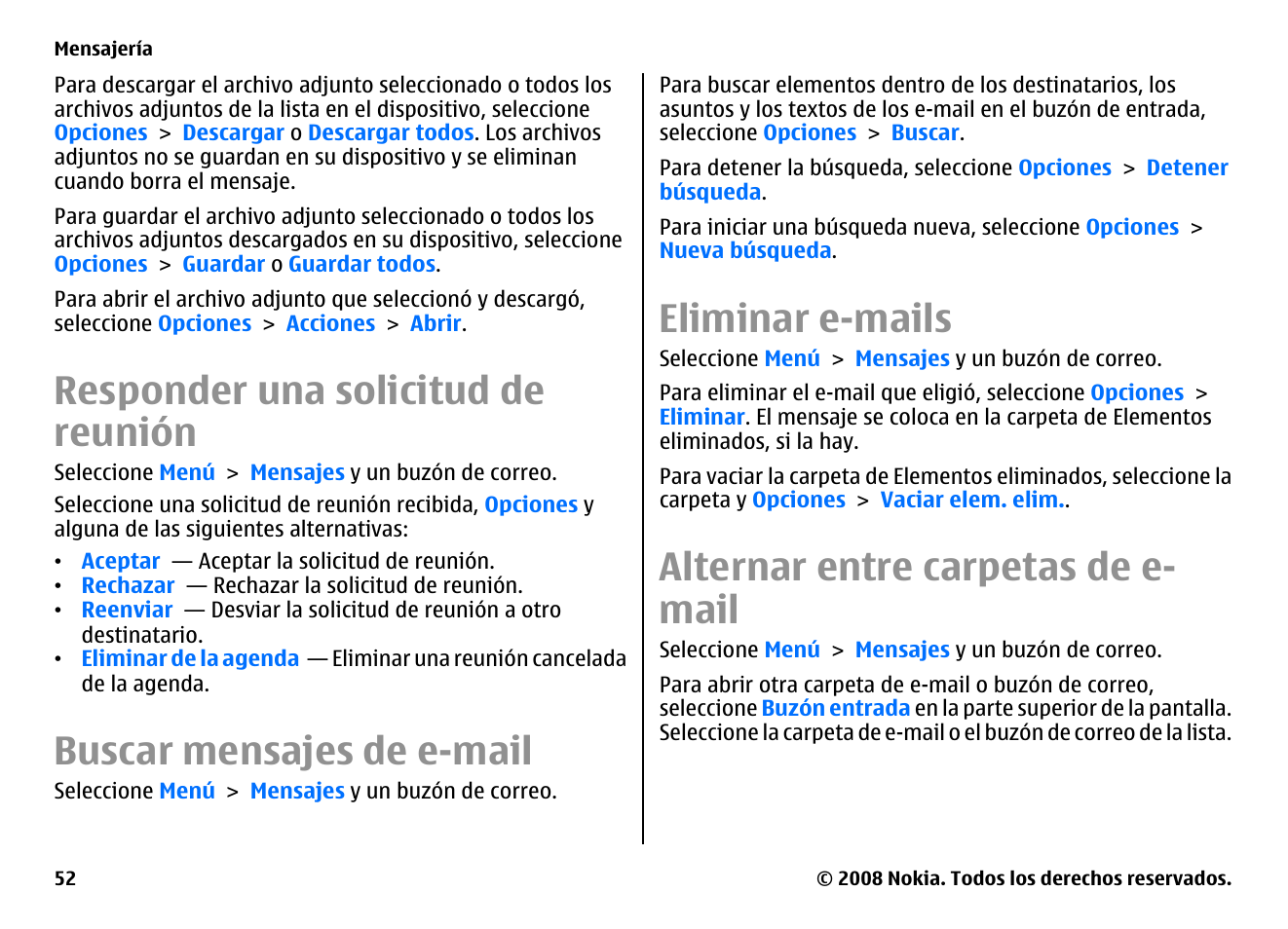 Responder una solicitud de reunión, Buscar mensajes de e-mail, Eliminar e-mails | Alternar entre carpetas de e-mail, Alternar entre carpetas de e- mail | Nokia E75 User Manual | Page 240 / 397