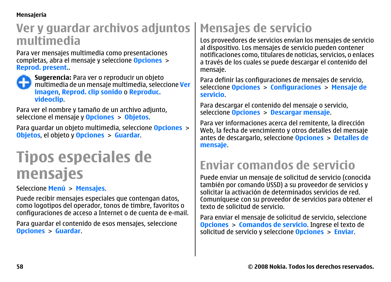 Ver y guardar archivos adjuntos multimedia, Tipos especiales de mensajes, Mensajes de servicio | Enviar comandos de servicio | Nokia E75 User Manual | Page 246 / 397