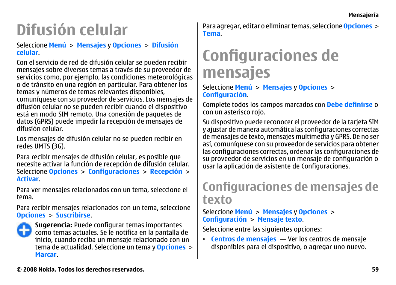 Difusión celular, Configuraciones de mensajes, Configuraciones de mensajes de texto | Nokia E75 User Manual | Page 247 / 397