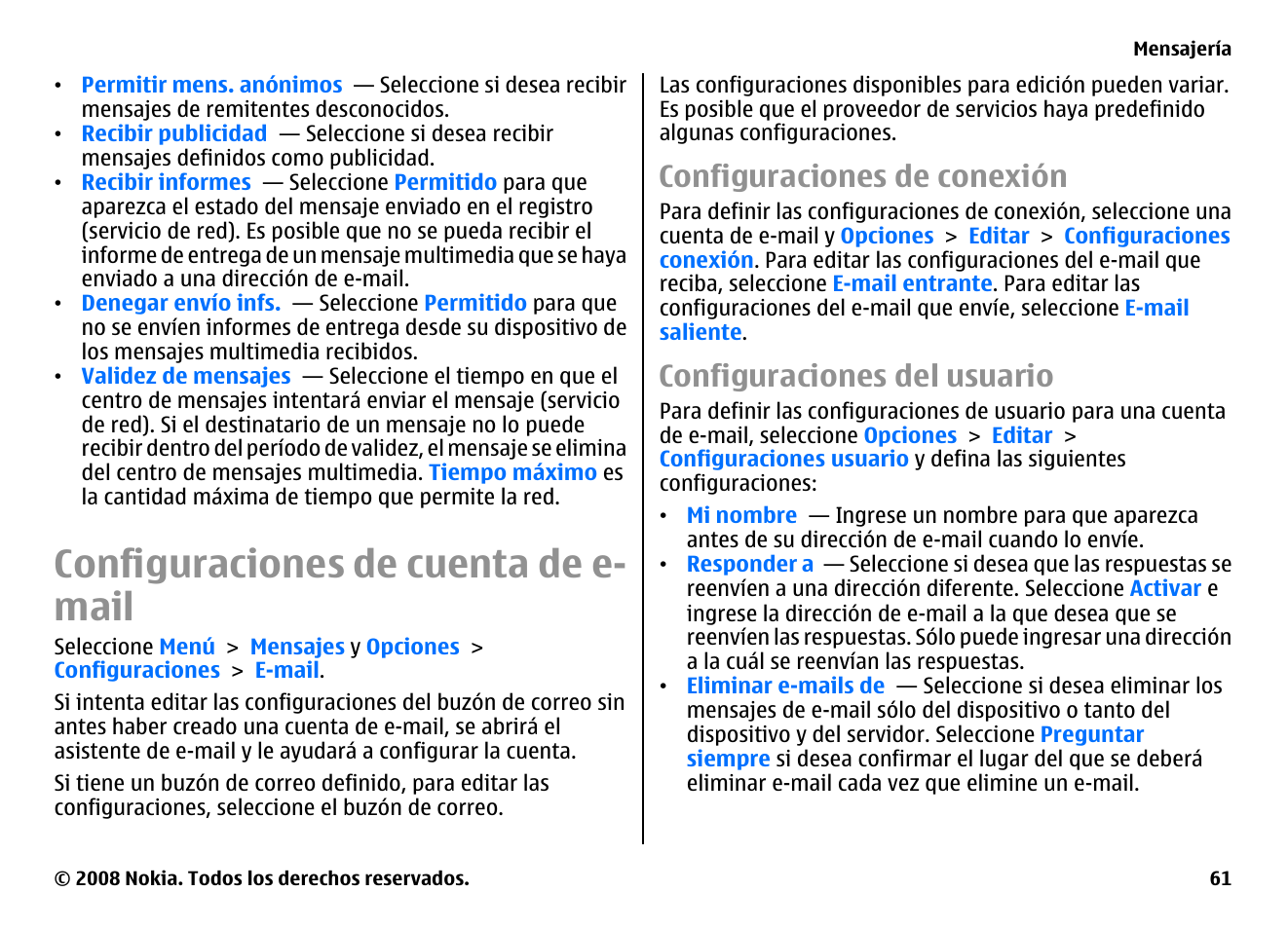 Configuraciones de cuenta de e-mail, Configuraciones de conexión, Configuraciones del usuario | Configuraciones de cuenta de e- mail | Nokia E75 User Manual | Page 249 / 397