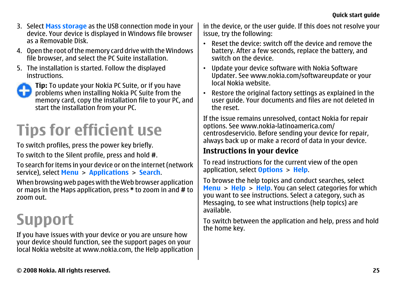 Tips for efficient use, Support | Nokia E75 User Manual | Page 25 / 397