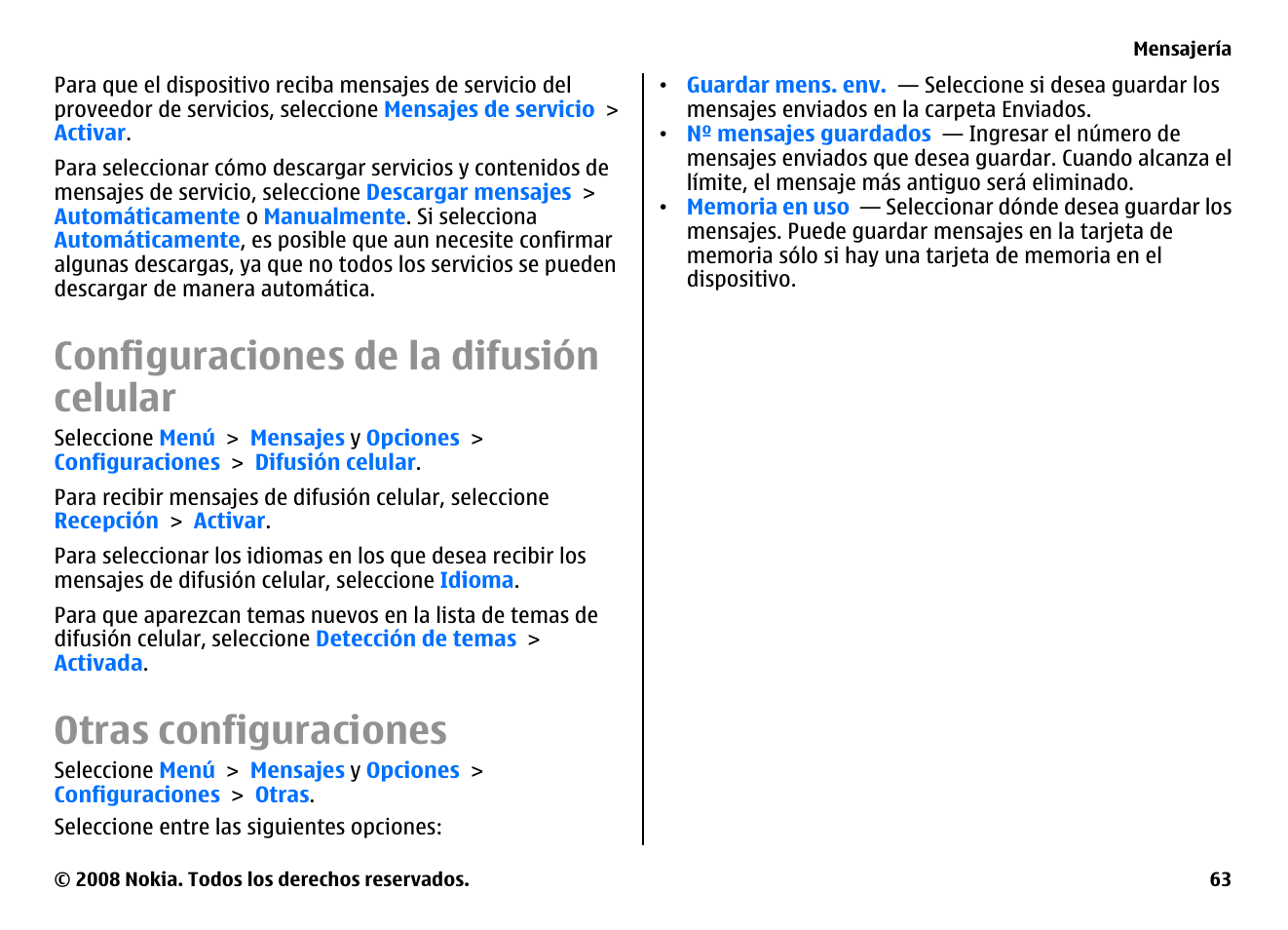 Configuraciones de la difusión celular, Otras configuraciones | Nokia E75 User Manual | Page 251 / 397