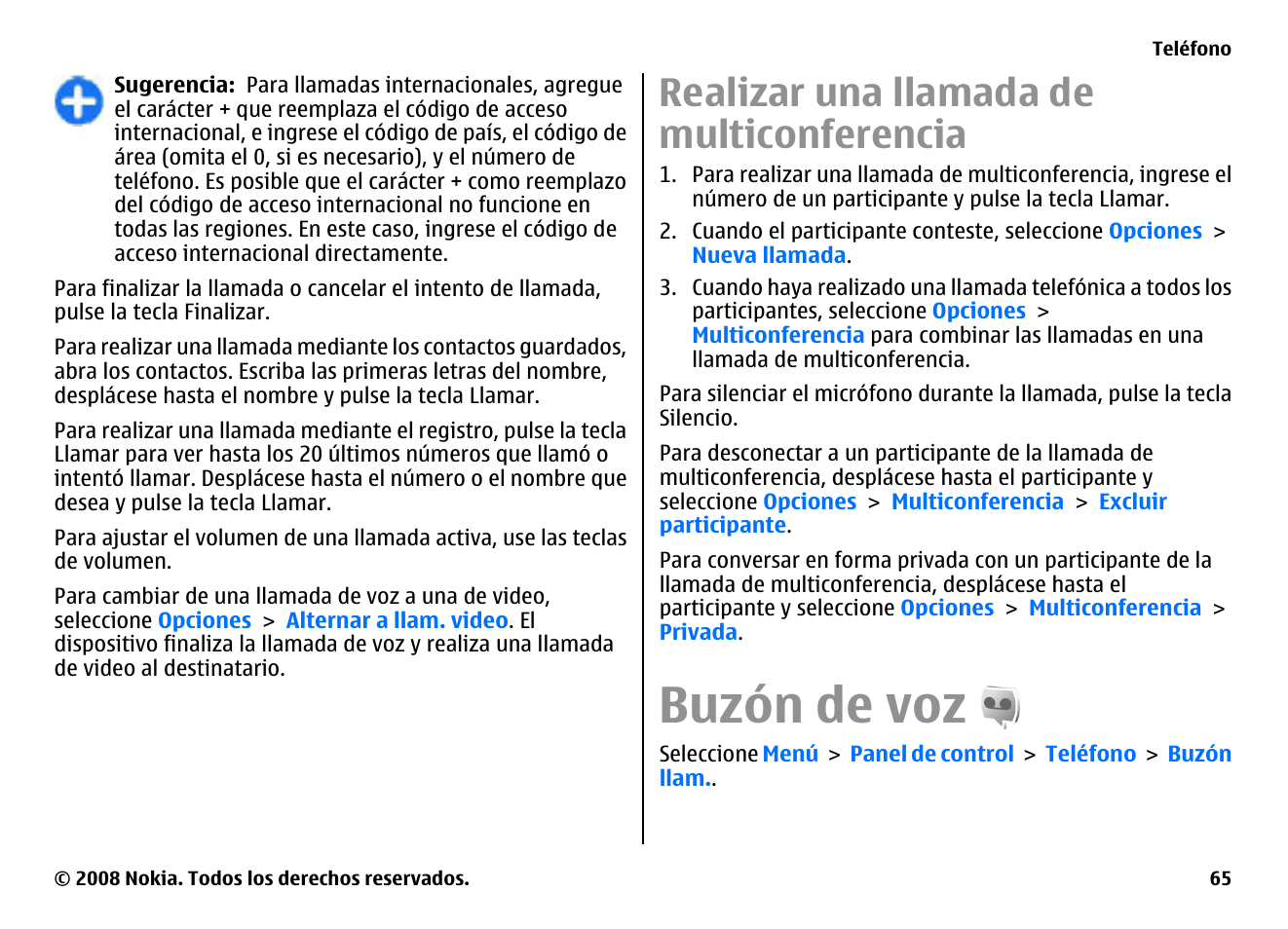 Realizar una llamada de multiconferencia, Buzón de voz | Nokia E75 User Manual | Page 253 / 397