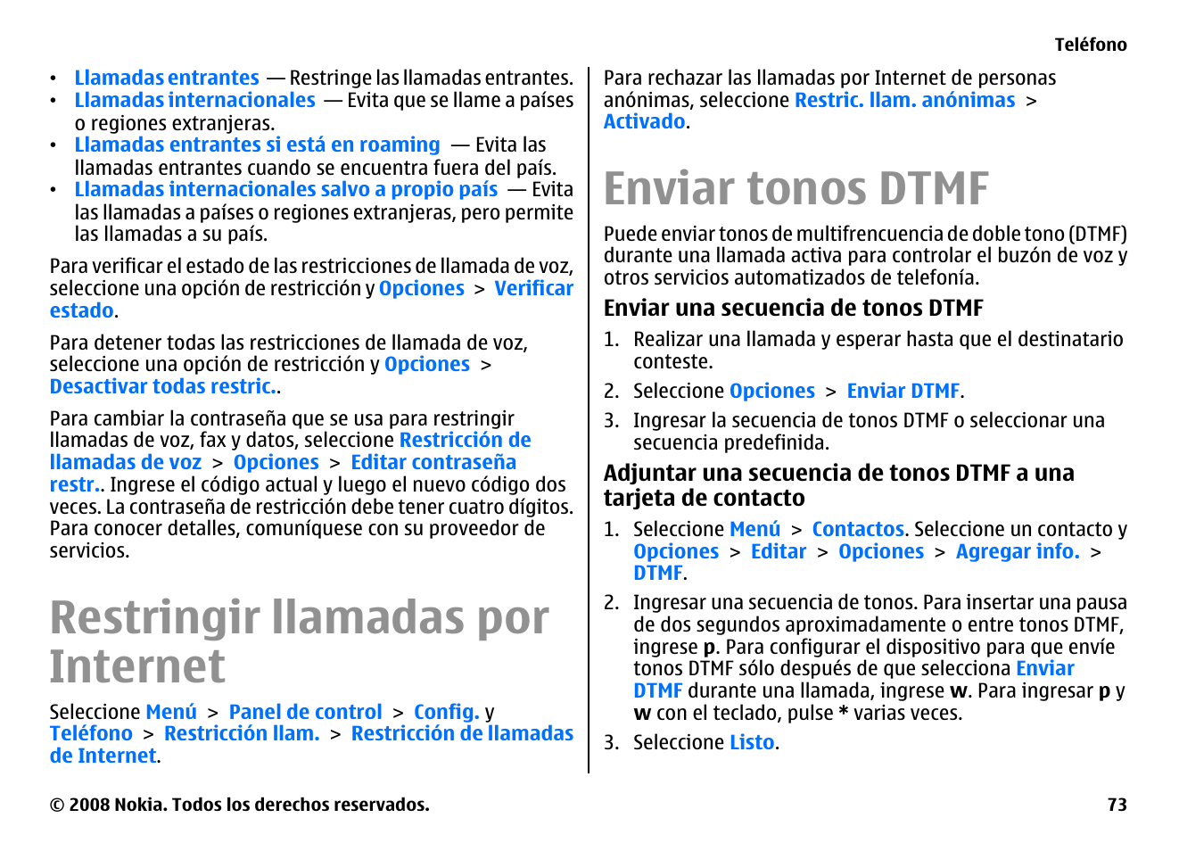 Restringir llamadas por internet, Enviar tonos dtmf | Nokia E75 User Manual | Page 261 / 397