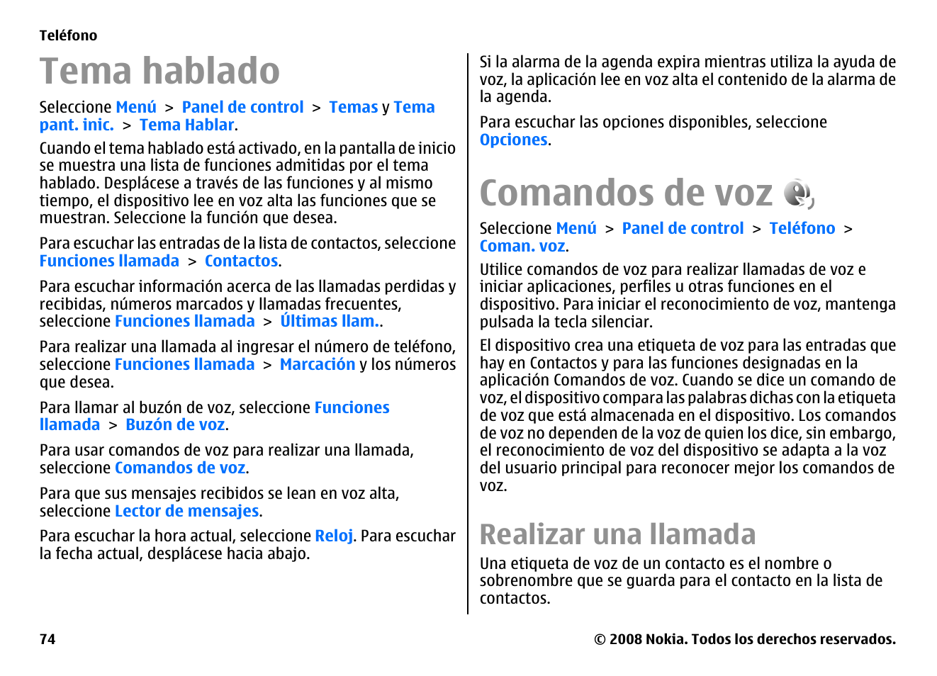 Tema hablado, Comandos de voz, Realizar una llamada | Nokia E75 User Manual | Page 262 / 397