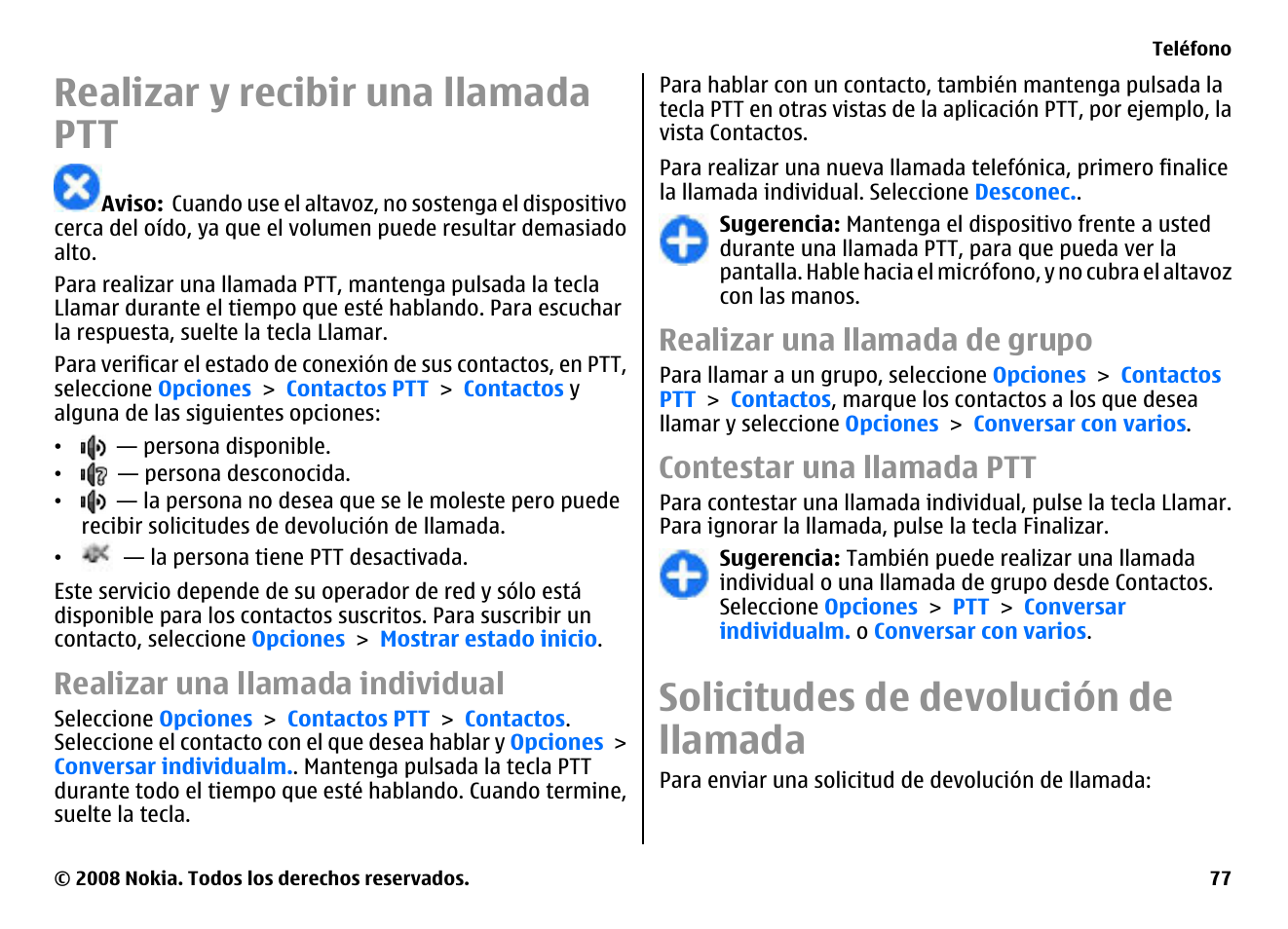 Realizar y recibir una llamada ptt, Realizar una llamada individual, Realizar una llamada de grupo | Contestar una llamada ptt, Solicitudes de devolución de llamada | Nokia E75 User Manual | Page 265 / 397