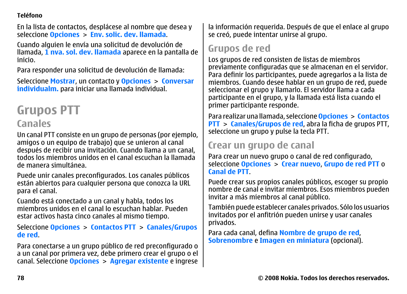 Grupos ptt, Canales, Grupos de red | Crear un grupo de canal | Nokia E75 User Manual | Page 266 / 397