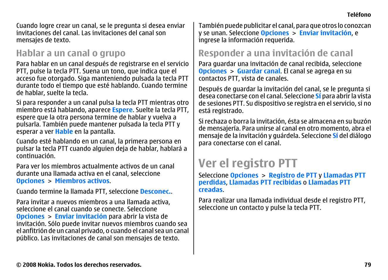 Hablar a un canal o grupo, Responder a una invitación de canal, Ver el registro ptt | Nokia E75 User Manual | Page 267 / 397