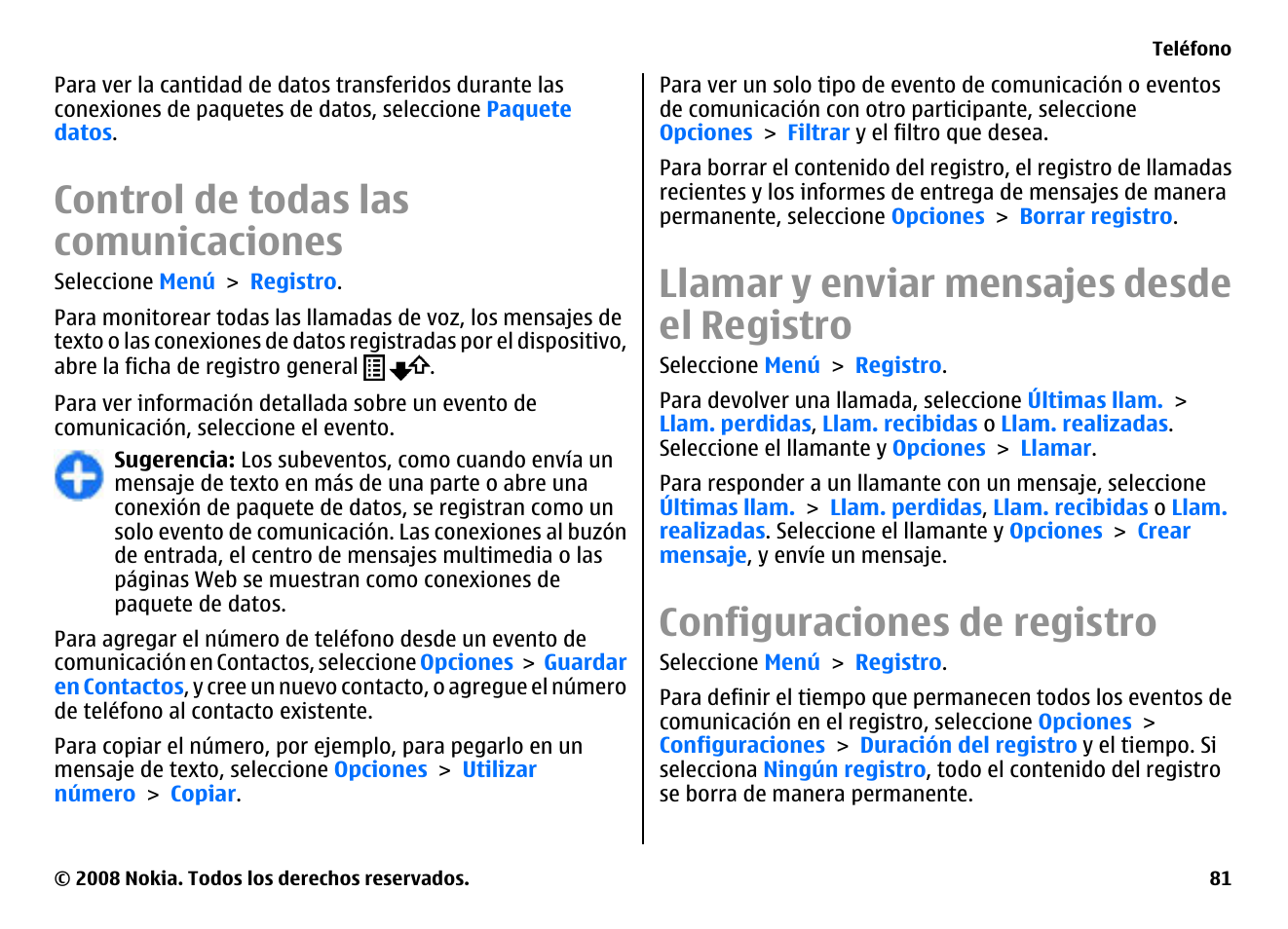 Control de todas las comunicaciones, Llamar y enviar mensajes desde el registro, Configuraciones de registro | Nokia E75 User Manual | Page 269 / 397