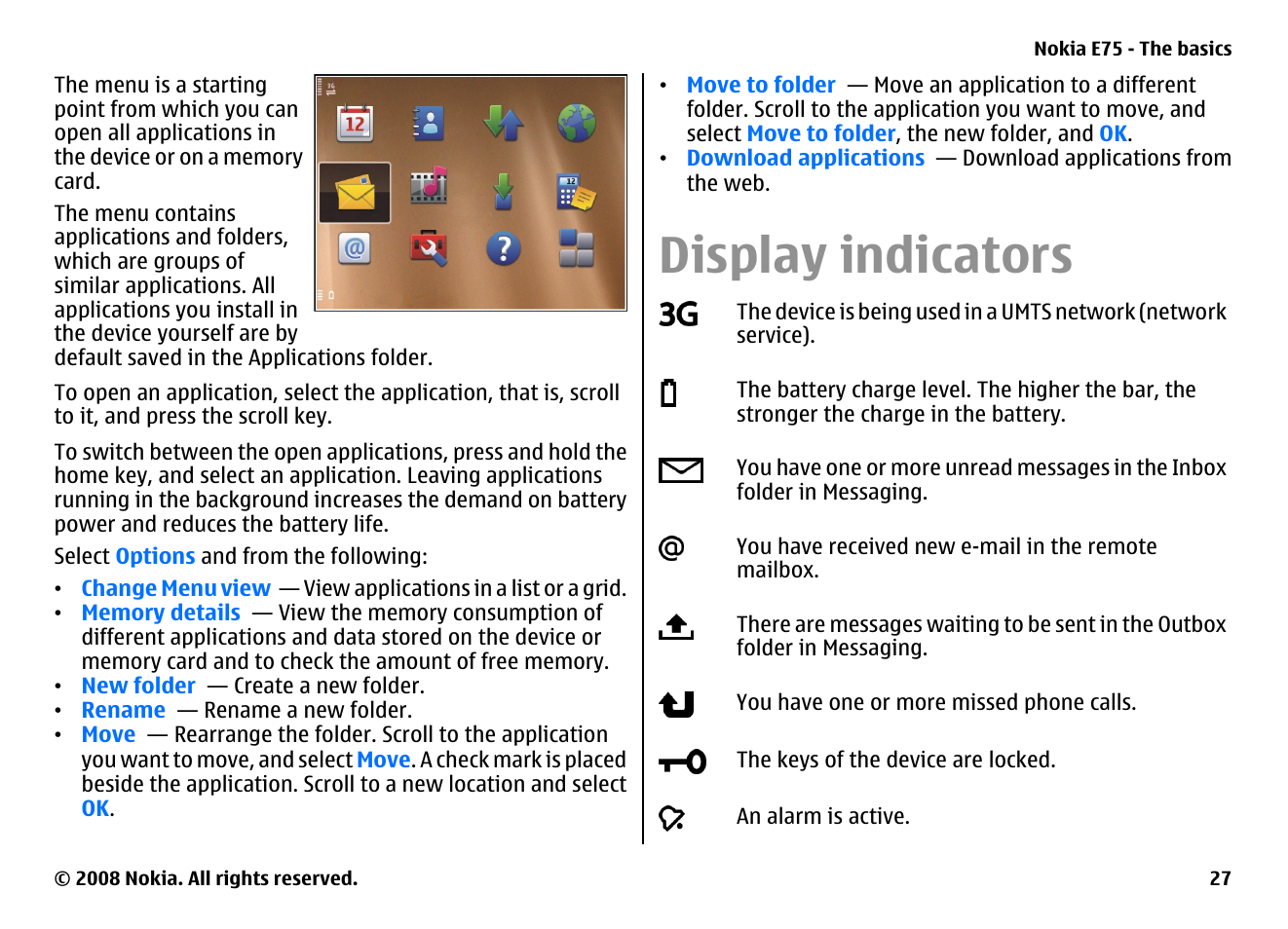 Display indicators | Nokia E75 User Manual | Page 27 / 397