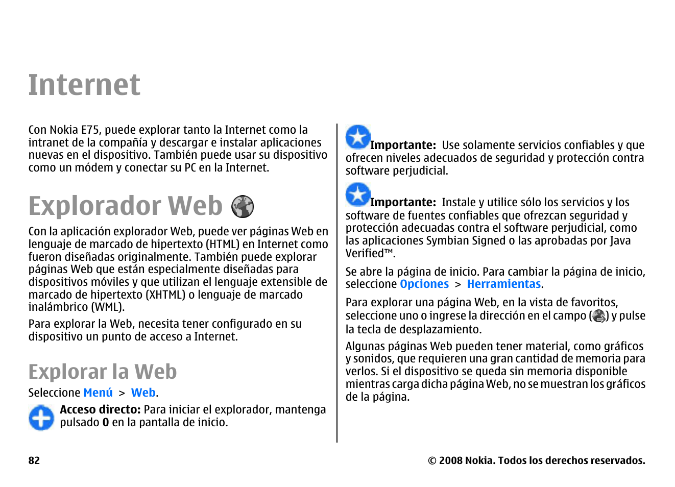 Internet, Explorador web, Explorar la web | Nokia E75 User Manual | Page 270 / 397