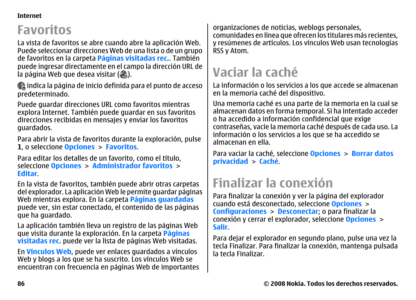 Favoritos, Vaciar la caché, Finalizar la conexión | Nokia E75 User Manual | Page 274 / 397