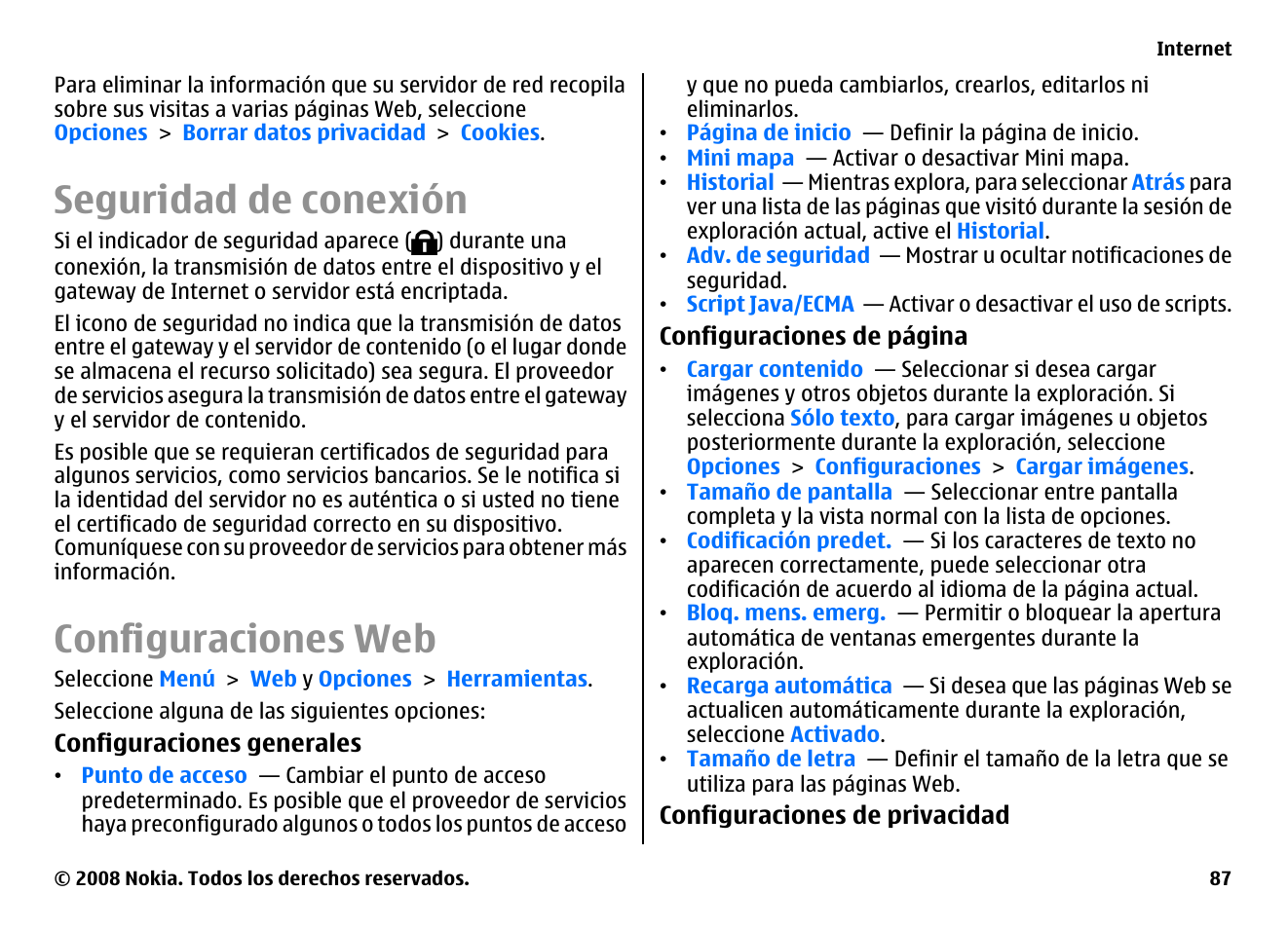 Seguridad de conexión, Configuraciones web | Nokia E75 User Manual | Page 275 / 397