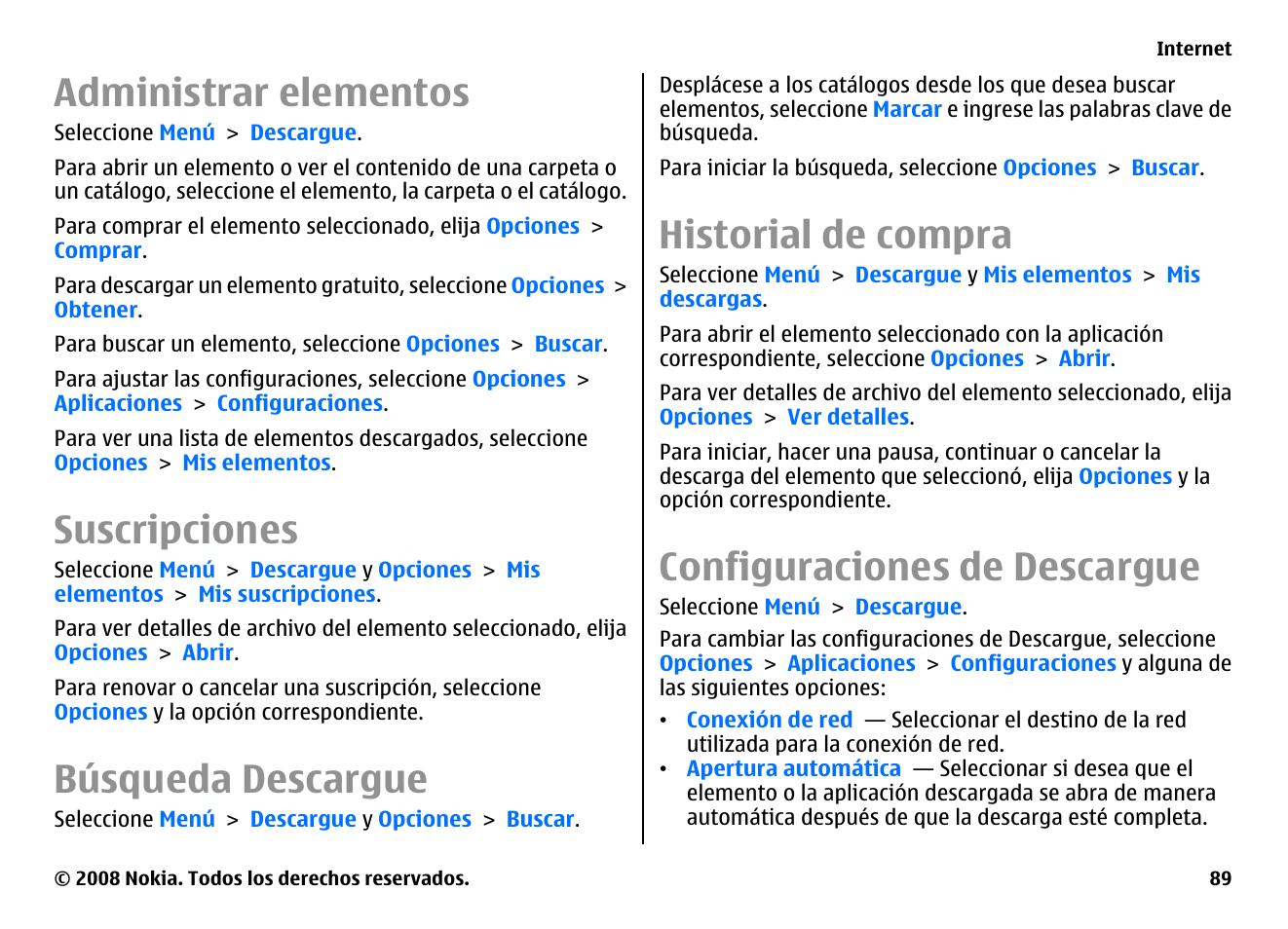 Administrar elementos, Suscripciones, Búsqueda descargue | Historial de compra, Configuraciones de descargue | Nokia E75 User Manual | Page 277 / 397