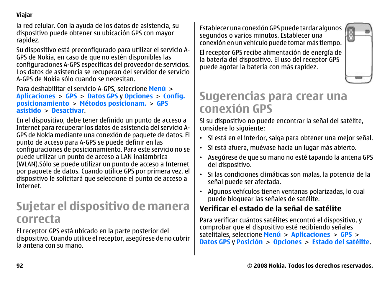 Sujetar el dispositivo de manera correcta, Sugerencias para crear una conexión gps | Nokia E75 User Manual | Page 280 / 397