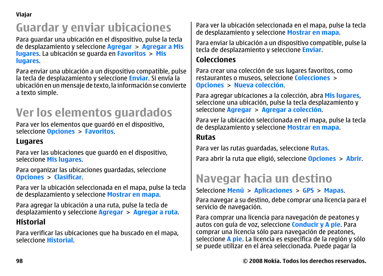 Guardar y enviar ubicaciones, Ver los elementos guardados, Navegar hacia un destino | Nokia E75 User Manual | Page 286 / 397