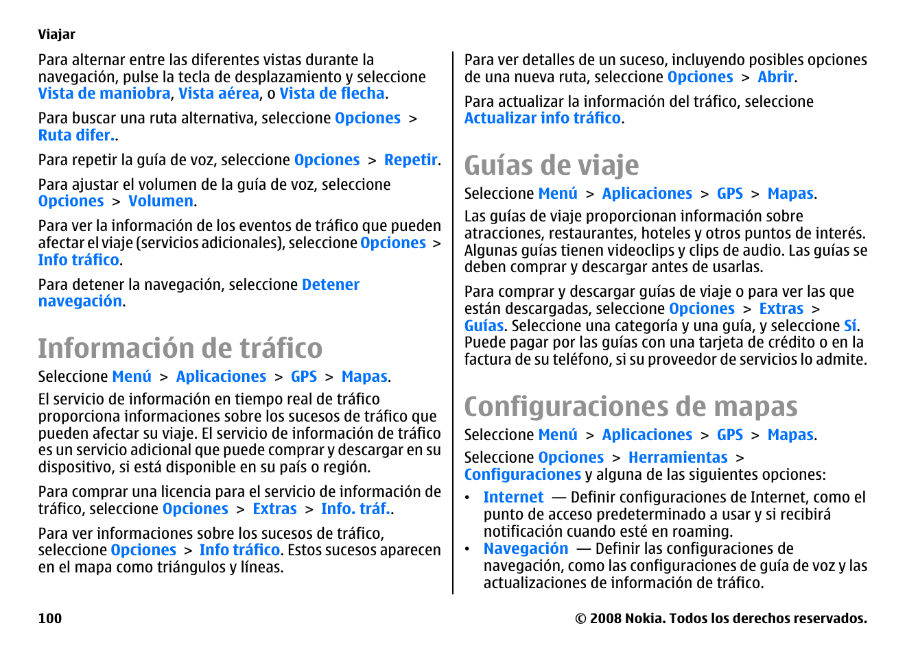 Información de tráfico, Guías de viaje, Configuraciones de mapas | Nokia E75 User Manual | Page 288 / 397