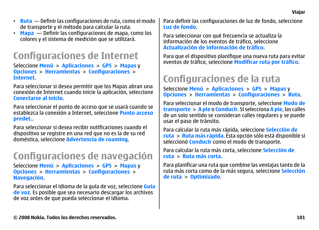 Configuraciones de internet, Configuraciones de navegación, Configuraciones de la ruta | Nokia E75 User Manual | Page 289 / 397