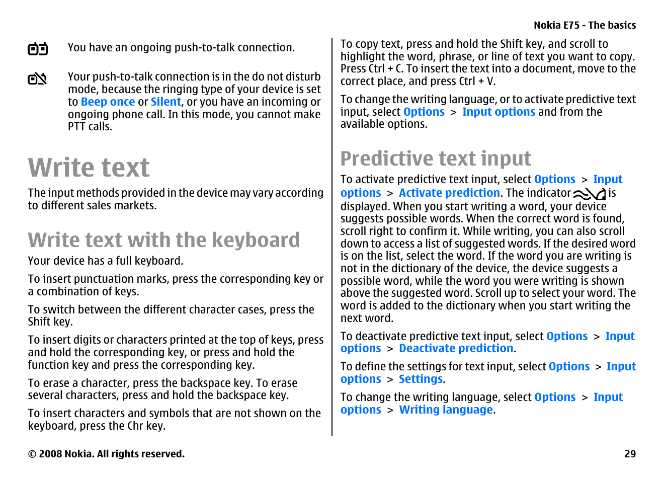 Write text, Write text with the keyboard, Predictive text input | Nokia E75 User Manual | Page 29 / 397
