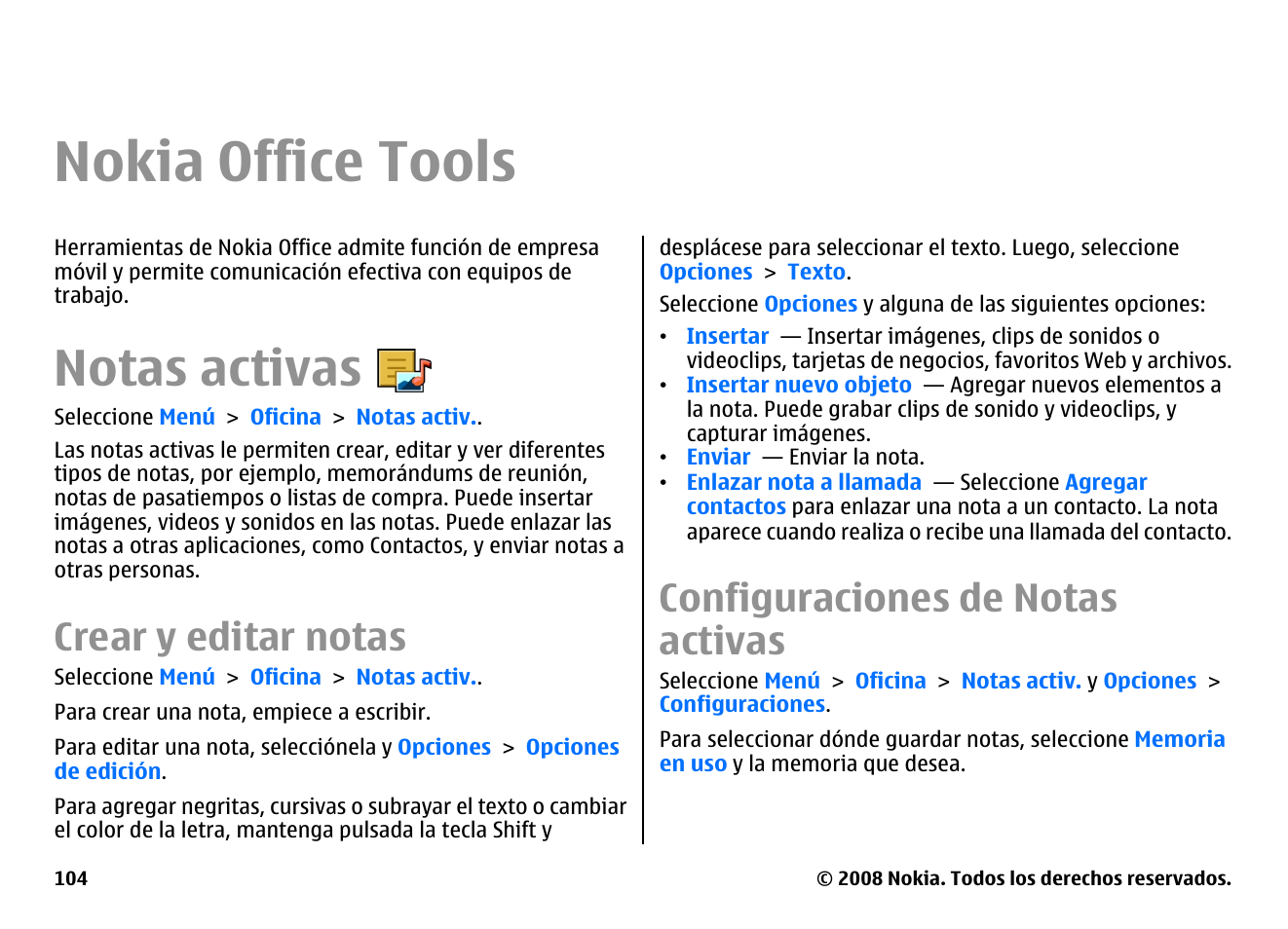 Nokia office tools, Notas activas, Crear y editar notas | Configuraciones de notas activas | Nokia E75 User Manual | Page 292 / 397