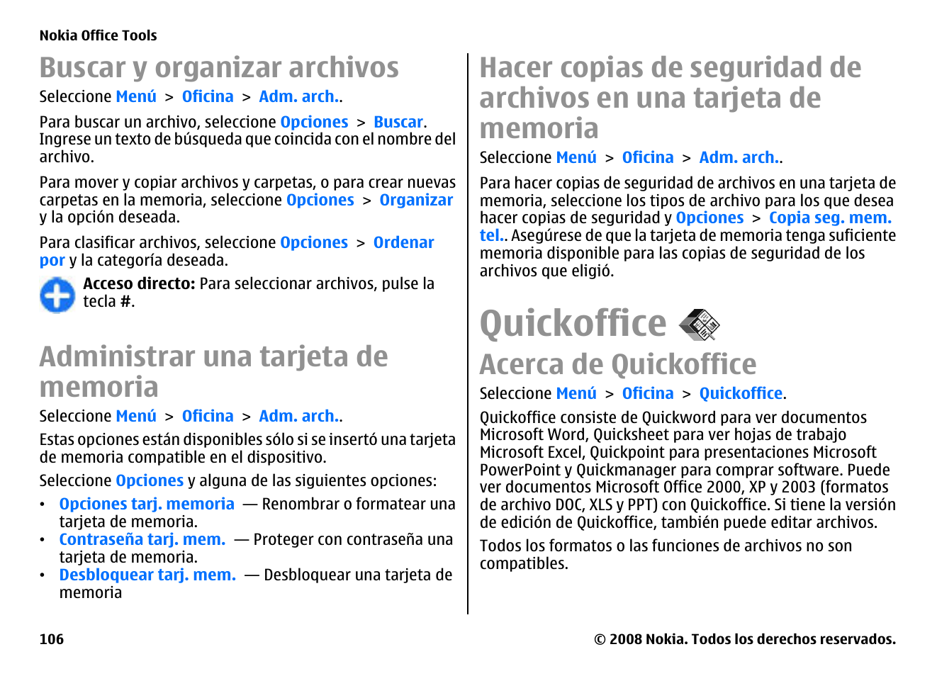 Buscar y organizar archivos, Administrar una tarjeta de memoria, Quickoffice | Acerca de quickoffice, Memoria | Nokia E75 User Manual | Page 294 / 397