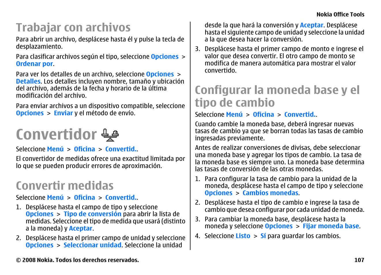 Trabajar con archivos, Convertidor, Convertir medidas | Configurar la moneda base y el tipo de cambio | Nokia E75 User Manual | Page 295 / 397