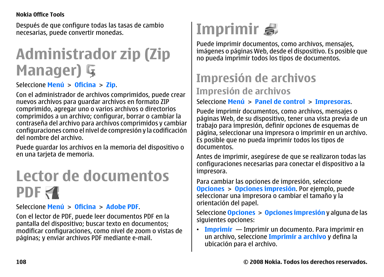 Administrador zip (zip manager), Lector de documentos pdf, Imprimir | Impresión de archivos | Nokia E75 User Manual | Page 296 / 397