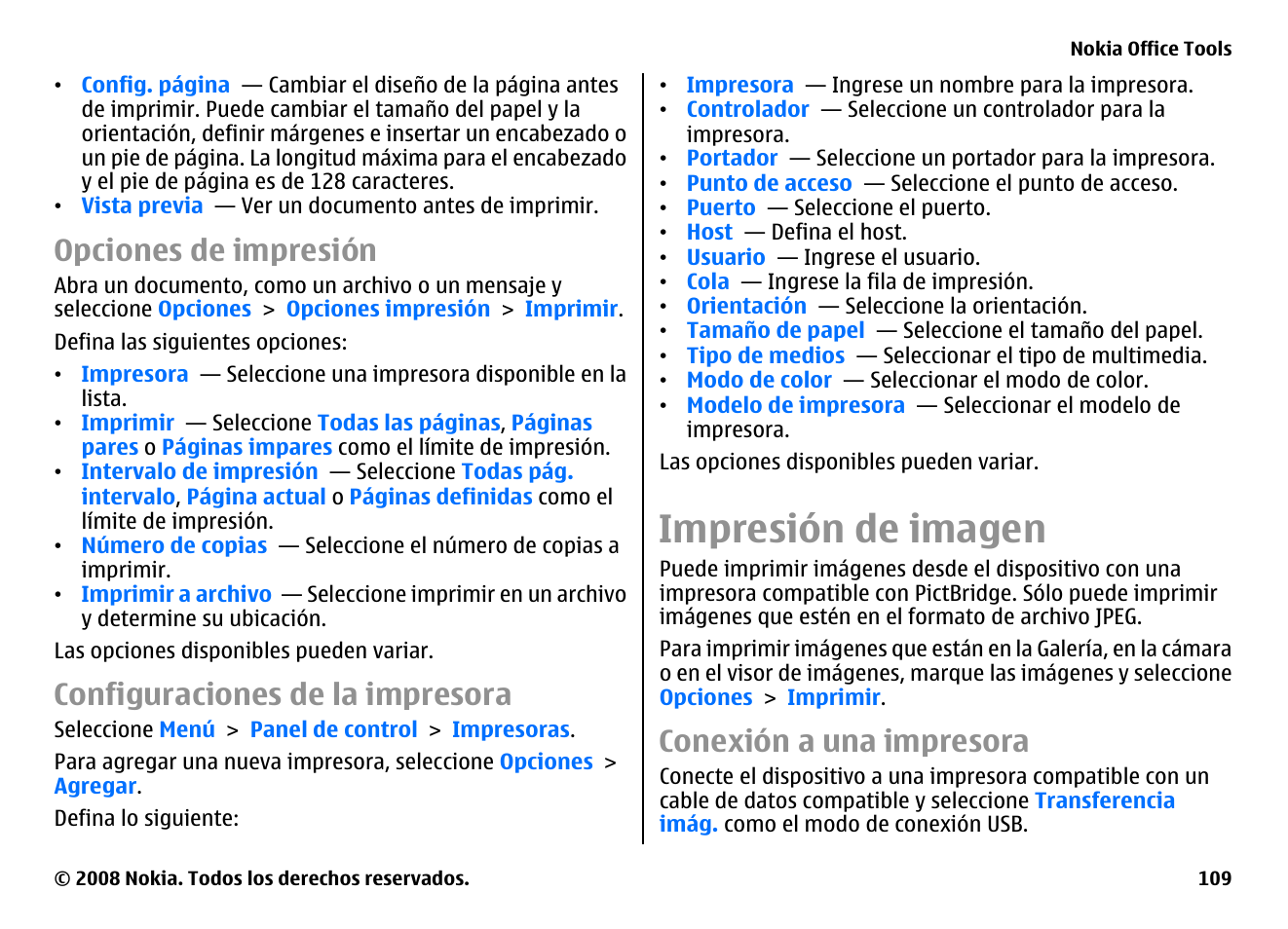 Opciones de impresión, Configuraciones de la impresora, Impresión de imagen | Conexión a una impresora | Nokia E75 User Manual | Page 297 / 397