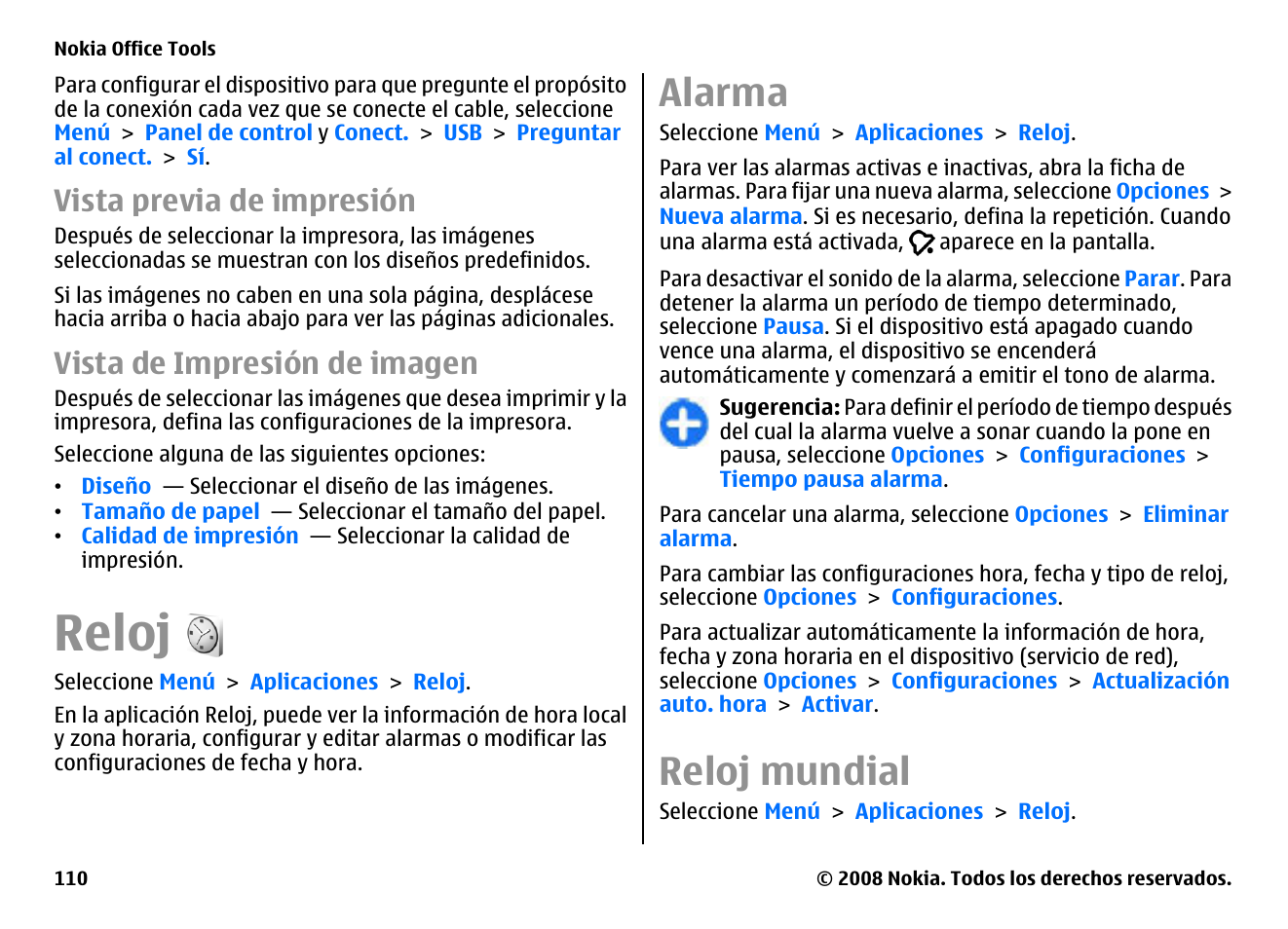 Vista previa de impresión, Vista de impresión de imagen, Reloj | Alarma, Reloj mundial | Nokia E75 User Manual | Page 298 / 397