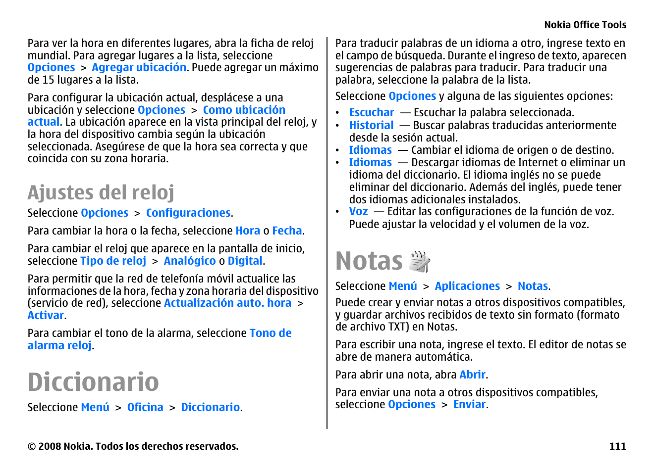 Ajustes del reloj, Diccionario, Notas | Nokia E75 User Manual | Page 299 / 397