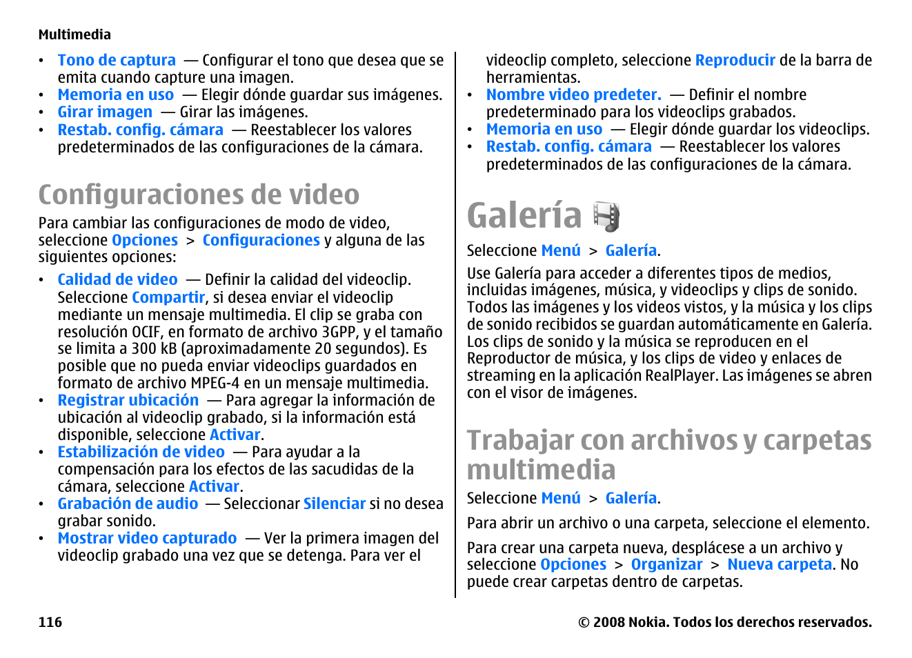 Configuraciones de video, Galería, Trabajar con archivos y carpetas multimedia | Nokia E75 User Manual | Page 304 / 397