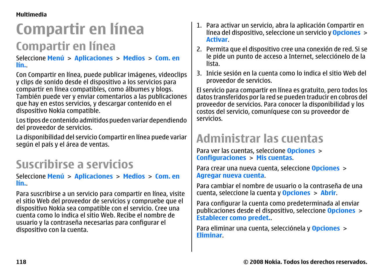 Compartir en línea, Suscribirse a servicios, Administrar las cuentas | Nokia E75 User Manual | Page 306 / 397