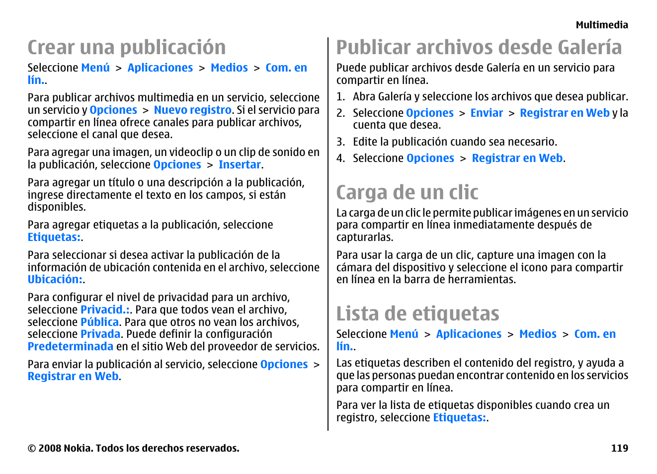 Crear una publicación, Publicar archivos desde galería, Carga de un clic | Lista de etiquetas | Nokia E75 User Manual | Page 307 / 397