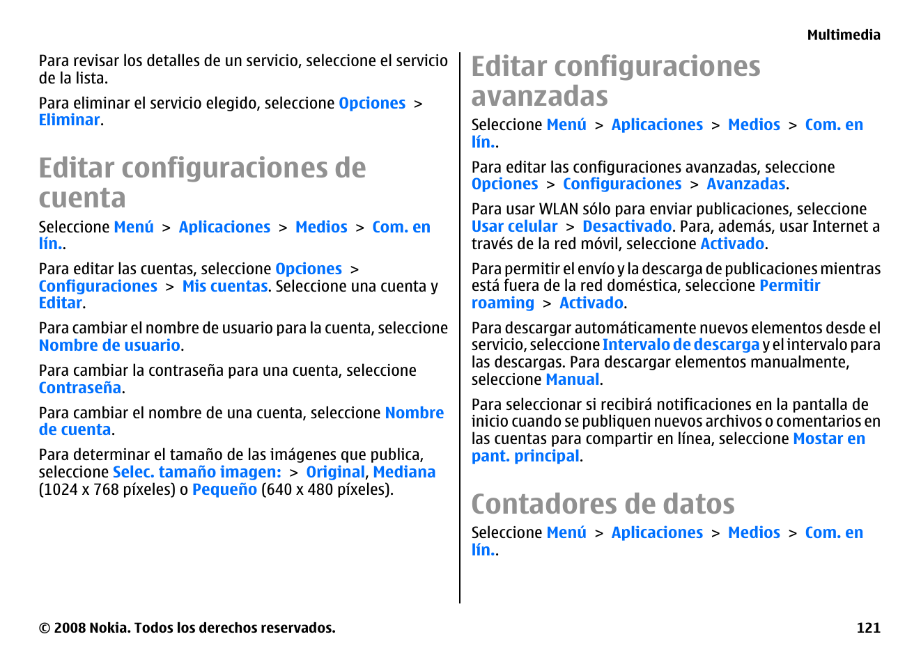 Editar configuraciones de cuenta, Editar configuraciones avanzadas, Contadores de datos | Nokia E75 User Manual | Page 309 / 397