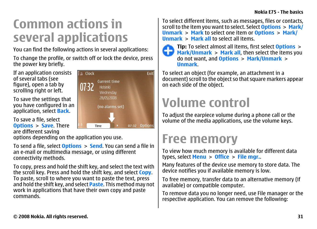 Common actions in several applications, Volume control, Free memory | Nokia E75 User Manual | Page 31 / 397