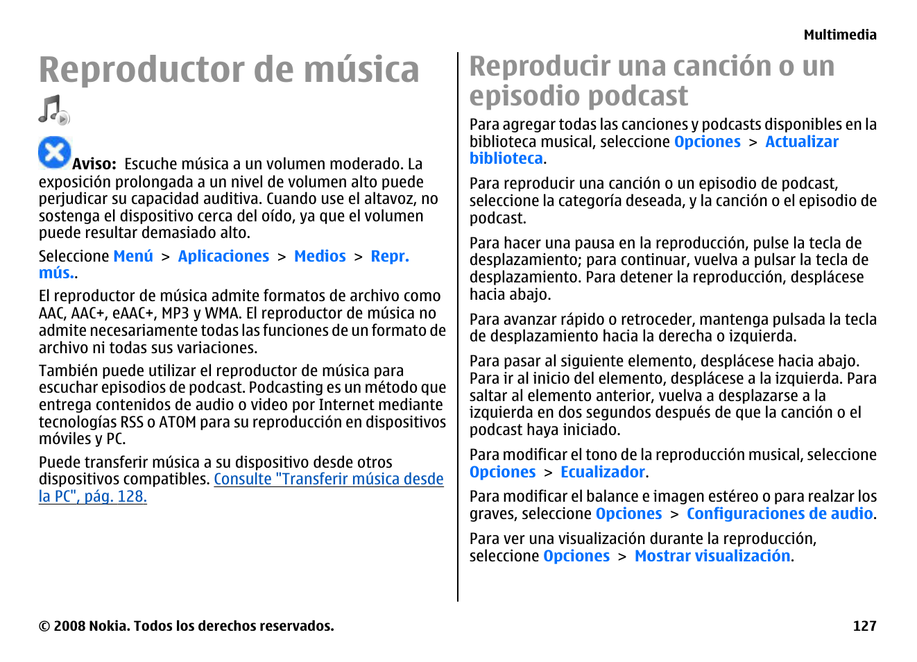 Reproductor de música, Reproducir una canción o un episodio podcast | Nokia E75 User Manual | Page 315 / 397